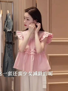 Áo Sơ Mi Nữ Mùa Hè Ngọt Ngào Tay Lỡ Màu Hồng Áo Ngắn Cổ Tròn Dáng Thẳng Phong Cách Ngọt Ngào Áo Phông Tay Ngắn