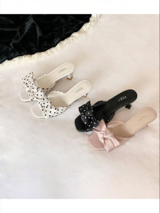 SHÉII | Dép Gót Cao 6.5cm Hoa Văn Chấm Bi Nơ Pháp
