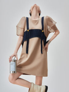 XIAODADEHUA | Kaki Denim Splicing Voile Lantern Sleeve Tunic Dress Medium Length