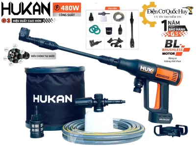Máy rửa xe pin Hukan gen 3 G3BL-RP08 Không chổi than thế hệ mới siêu mạnh tặng kèm pet xoay 6 tia và xô đựng nước