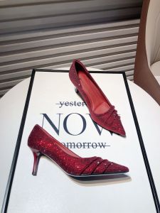 Elegant Red French Pleated Pointed Toe High Heels Wedding Shoes Womens Korean Style New Model Diamond Embellished Single Shoes