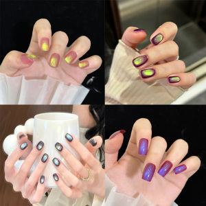 24 ชิ้น/30 ชิ้น/เซ็ตสั้นขนาดกลางเล็บปลอม Cats Eye แฟลชสแควร์เล็บเคล็ดลับสีชมพูสีเหลืองสีฟ้าสีม่วงกดบนเล็บปลอม