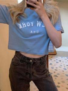 Áo Thun Nữ Dáng Ôm Tay Ngắn in Chữ Mùa Hè 2024 Thời Trang Công Sở Cổ Tròn in Họa Tiết Thường Ngày Chất Liệu Khác