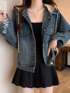 WANGGONGZHU | Retro Hong Kong Style Womens Denim Jacket Autumn New Fashion Loose Slimming Top Princess Cut Commute Style Long Sleeve Polo Collar