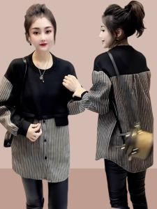 New 2025 Womens Casual Long Sleeve T-Shirt Fake Two-Piece Shirt Mid-Length Fashion Loose Comfortable Autumn Top Print Commute Style Polyester Cotton Blend