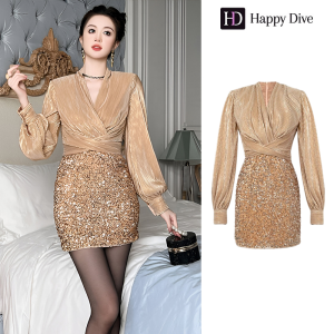 Happy Diva เดรสผู้หญิง เดรสสีครีม เดรสคอวี เดรสเลื่อม เดรสทำงาน เดรสไฮโซ เดรสวินเทจ เดรสออกงาน เดรสปาร์ตี้ ชุดราตรี 21438