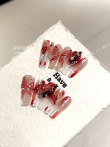 Handmade Long Butterfly Design Red Nail Tips Wearable Artistic Nail Art False Nails for Autumn Winter White Enhancing Beauty