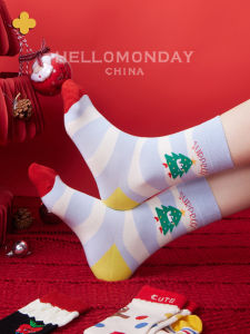 Tất Ống Giữa Dày Dặn Ấm Áp Không Xương Họa Tiết Hoạt Hình Tất Nữ Thương Hiệu Hello Monday Mùa Thu Đông Cotton