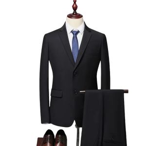 Solid Color Suit S-8XL Mens British Style Senior Simple Business Casual Elegant Fashion Gentleman Slim Suit (Blazer+Trousers)