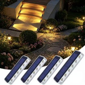 Yilaie LED Solar Step Lights for Outside 4 Pack Solar Stair Lights Blue Solar Deck Lights Waterproof IP68 Solar Pathway Lights