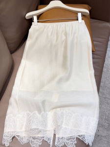 YUFUQING | French Lace Splicing Midi Skirt Womens Summer New Sweet Design White A-Line Skirt High Waist Straight Cut Casual Polyester Fiber