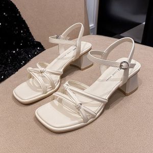Elegant Womens Sandals with Strap 2024 New Summer Style Versatile Fairy Design with Open Toe High Heel Rubber Sole