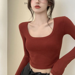 Slim Fit Short Sleeve U-Neck Cotton Ribbed Base Shirt Womens Fashion Korean Style Long Sleeve T-Shirt Red Color Autumn Winter New Arrival
