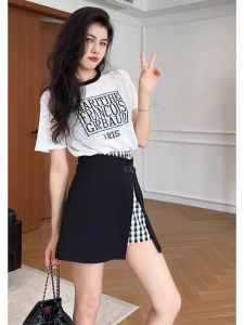 YUEZHONGWEI | Áo thun tay ngắn dệt kim lụa lạnh in chữ Mỹ mùa hè mỏng thoáng khí thiết kế nhỏ gọn ôm vừa vặn cho nữ