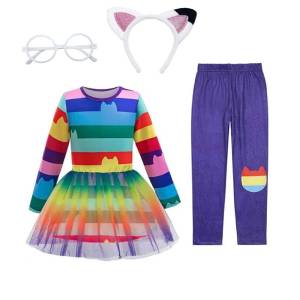 2026 cartoon cat girls outfits Childrens Long Sleeved Mesh top and bottom Set with headband glasses Twins clothing