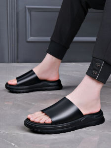 Mens Summer Outdoor Slip-On Shoes Thick Bottom Genuine Leather Anti-Slip Deodorant Trendy Soft Sole Flat Sandals Breathable