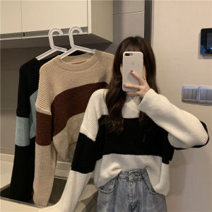 Korean Women Stripe Knitted Short Loose Long-sleeved Round Neck Sweater Top