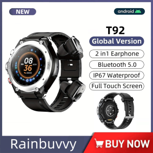 2024 ใหม่ Rainbuvvy T92 หูฟังไร้สายสมาร์ทวอท์ช 1.28 นิ้วหน้าจอสัมผัสเต็มรูปแบบอัตราการเต้นหัวใจความดันโลหิตบลูทูธ 5.0 แฟชั่นกีฬาสมาร์ทวอทช์กันน้ำสำหรับผู้ชายและผู้หญิง