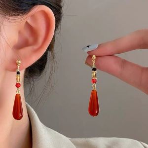 New Chinese Style Retro Water Drop Earrings Niche Design Red Tassel Ear Clip Fancy Eardrops Han Chinese Clothing Accessories Women