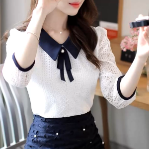 TTQQ Laca Polo Shirt for Women 3/4 Sleeve Chiffon Blouse Bow Patchwork T-shirt