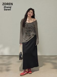 ZHANGDAREN | Bộ Đồ Che Khuyết Điểm Giảm Cân Áo Sọc và Chân Váy Đen Plus Size