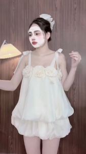 Đầm đi tiệc đầm tiểu thư váy nữ thiết kế đầm mini 2 dây thắt nơ kèm bông Tơ Ánh Kim 2 lớp Bí xoè