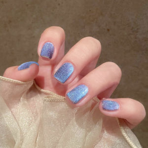 24pcs Short Blue Aurora Fake Nails Waterproof False Nails Art Full Coverage Removable Faux Press on Nail with Tools
