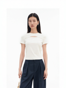 Cotton-Blended Round Neck Hollow T-Shirt Short Sleeve