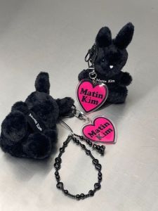 Cute Plush Black Rabbit Hanging Decoration Toy Heart Shaped Keychain Bag Accessory Pure Color Letter Pattern Summer New Arrival