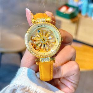 Fashionable Womens Watch With Transparent Back Diamond Inlaid Rotating Galaxy Dial Sunflower Design Waterproof Quartz Watch