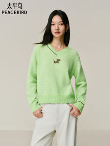 Peacebird Wool Blend V-Neck Color Block Dog Pattern Knitwear Soft Polyester Fiber Long Sleeve Short Length Overhead Style