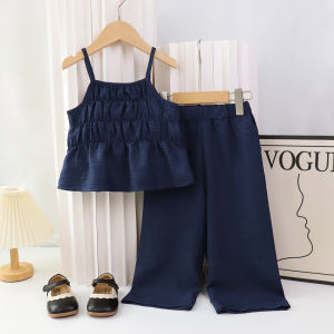 Bear Leader Girls Sets Kids Imitation Denim Clothing 2024 New Summer Solid Color Sling Tops and Wide Leg Pants 2 Pieces Clothes Sets Baby Grils Casual Costumes