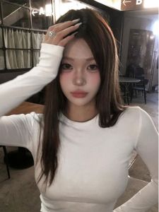 Áo Thun Dài Tay Màu Trơn Cổ Tròn Phong Cách Hàn Quốc Cổ Điển Dành Cho Nữ Mùa Xuân Thu Mặc Trong Dài Vừa Vặn Tôn Dáng Vai Thường Ngày