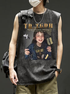 Retro American Cotton Sleeveless Tank Top Loose Fit Sporty Washed out T-Shirt for Men Summer Trendy Brand Casual round Neck