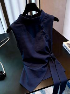 Design Sleeveless Summer New Arrival Navy Blue Belted Waist Slimming Top
