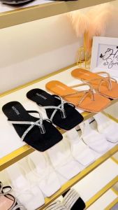 Dép kẹp A đá HALEY STORE đế bệt mũi vuông đính đá xoàn quai ngang tiểu thư đi chơi đi học đi du lịch êm chân dễ mang