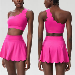 Flounce Hem Single Shoulder Sports Bra and Skirt Set