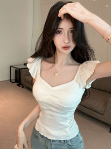 GUZILIAN | เสื้อยืดแขนกุดคอวีแขนพองทรงเข้ารูปเซ็กซี่สำหรับผู้หญิงวัย 18-24 ปี ฤดูร้อน 2025 แขนสั้น ทรงเข้ารูป เสื้อชั้นใน