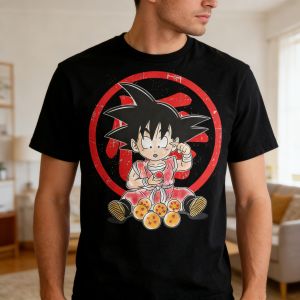 Bandai | Mens Dragon Ball Goku T-Shirt Sitting Pose Graphic Pink Gi LOVE BEAT HEART Print Soft Cotton Casual Anime Streetwear for Daily