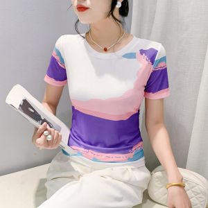 REHIN High Elastic Mesh Short Sleeve T-Shirt Summer Fashionable Printed Round Neck Slim Fit Elegant Womens Top