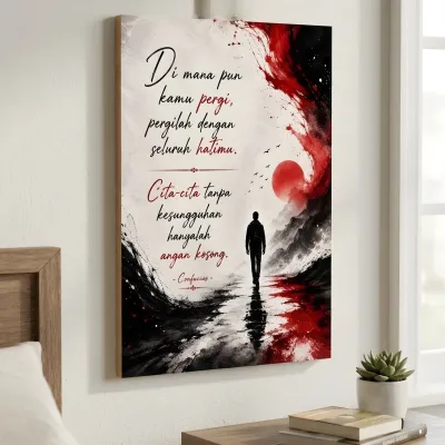 Hiasan dinding dengan lukisan abstrak dan kutipan inspiratif. Siluet orang berjalan di jalan dengan latar belakang langit merah dan hitam. Teks dalam bahasa Indonesia. Cocok untuk dekorasi ruangan.
