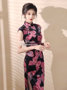 New Chinese Style Elegant Silk Velour Qipao for Shows and Performances