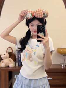 เสื้อยืดแขนสั้นลายหมีน่ารัก ทรงเข้ารูป คอกลม ผ้าคอตตอนผสม สำหรับผู้หญิง ฤดูร้อน 2025 เสื้อยืดคอกลมแขนสั้นลายหมีน่ารัก