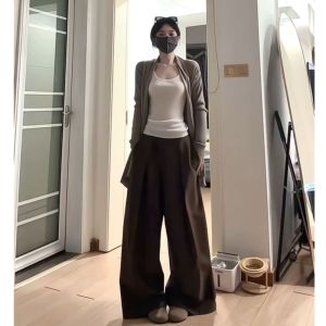 Quần Ống Rộng Cạp Cao Màu Nâu Phong Cách Đơn Giản Cho Nữ Mùa Thu Quần Ống Rộng Thoải Mái Dài Đến Sàn