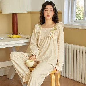 Pure Cotton One-Piece Sleepwear Long Sleeve Womens Home Clothes Princess Court Style Cute Outerwear Spring Autumn