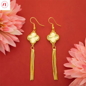 XT Jewellery Korea 24k Four-leaf Clover Tassel Earrings Women Sweet 916 Original Gold Plated