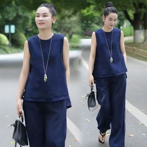 ชุดสองชิ้นผ้าลินินฤดูร้อนสำหรับผู้หญิง ชุดกระโปรงทรงเอเอวสูง แขนกุด แฟชั่น ชุดทำงาน ชุดทำงาน ชุดทำงาน