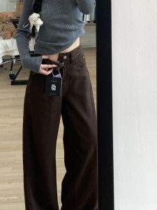 Extended Size Straight Leg Denim Jeans Womens High Waist Slimming Loose Fit Wide Leg Bootcut Pants Coffee Color American Style