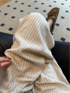 Quần Ống Rộng Vải Lanh Kẻ Sọc Cạp Cao Cho Nữ Mùa Hè Quần Ống Đứng Rộng Rãi Thoải Mái Phong Cách Nhật Bản