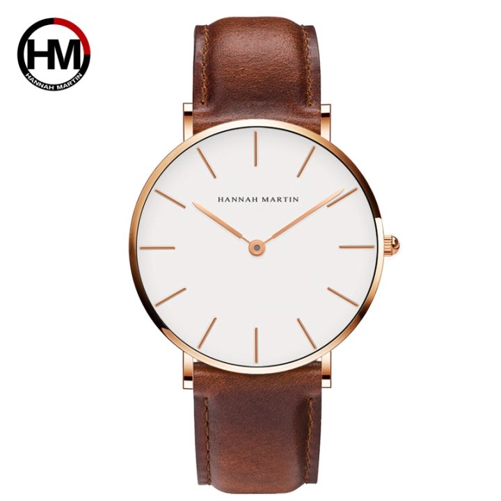 Đồng Hồ Thạch Anh Mặt Số Vàng Hannah Martin - Dây Da Chống Thấm Nước Nam Nữ Thời Trang Đồng Hồ Đeo Tay Chống Sốc